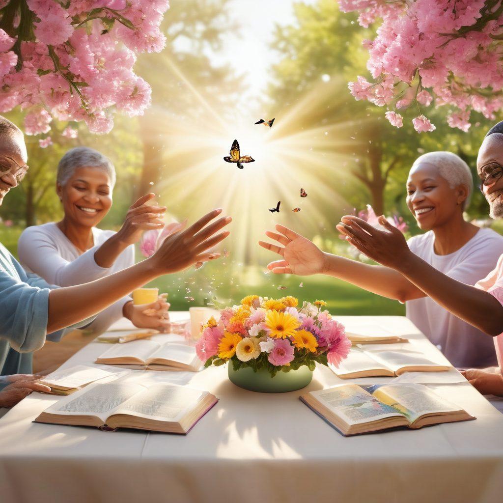 A warm and inviting scene depicting a diverse group of cancer survivors celebrating together, surrounded by symbolic elements of hope like butterflies and blooming flowers. Soft sunlight filters through a serene park setting, highlighting their smiles and resilience. Include supportive hands placing flowers on a table symbolizing community and strength. Illustrate a variety of resources like books and wellness tools scattered around. vibrant colors. serene atmosphere. super-realistic.