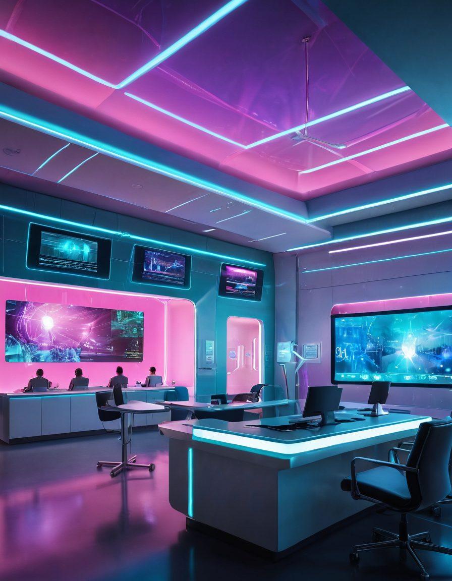 A visionary scene depicting a futuristic cancer treatment facility, showcasing advanced medical technology, compassionate healthcare professionals supporting patients, and an emphasis on hope and survivorship. Bright pastel colors symbolize optimism mixed with technological elements like holograms and interactive screens representing innovations in treatment. The atmosphere is warm, inviting, and filled with diverse individuals collaborating towards a common goal. cyberpunk. vibrant colors. super-realistic.