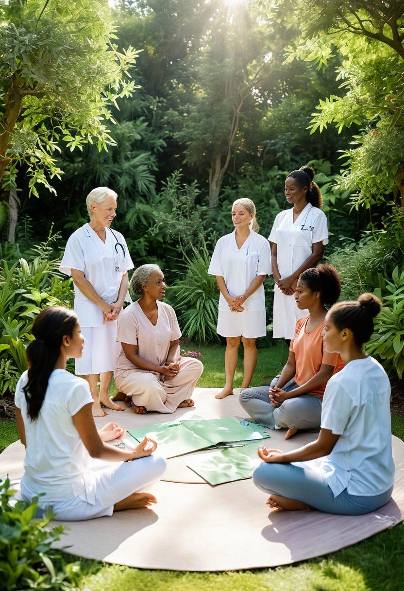 A serene scene showcasing a diverse group of healthcare professionals, patients, and family members engaged in a supportive circle, surrounded by lush greenery and soft sunlight. Symbols of holistic wellness like herbs, yoga mats, and colorful wellness journals are visible. A subtle blend of empathy and strength shines through their expressions as they share knowledge and hope. The ambiance is tranquil, merging natural elements with healing practices. watercolors, soft pastels, bright accents.